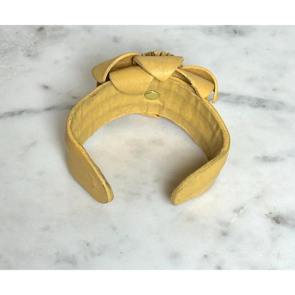 Two’s Company Yellow Leather Flower Cuff Bracelet Boho Artisan Made Indonesia